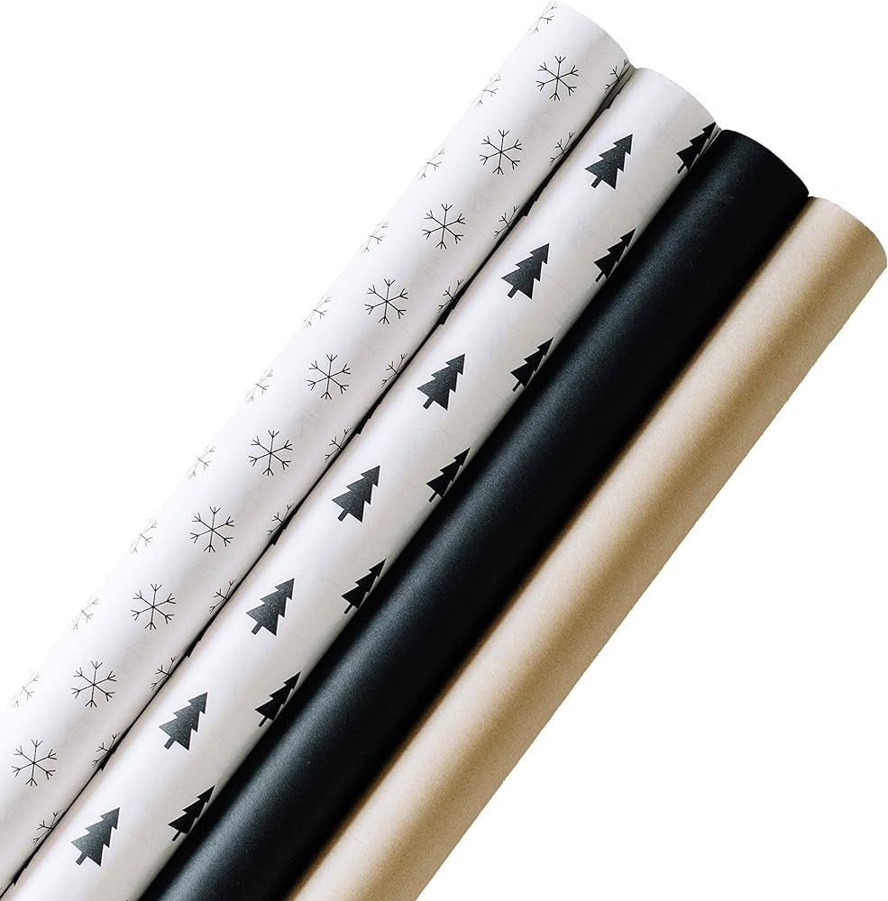 Holiday Kraft Wrapping Paper Set (4 Rolls, 120 sq. ft. total) Black, White, Brown, Christmas Tree... | Amazon (US)