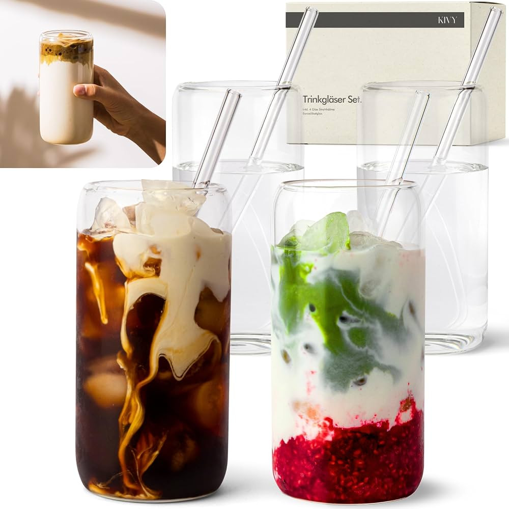 KIVY Trinkgläser Set mit Glas Strohhalm [4x 450ml] Eiskaffee, Wasser & Matcha Glas - Longdrinkgl... | Amazon (DE)