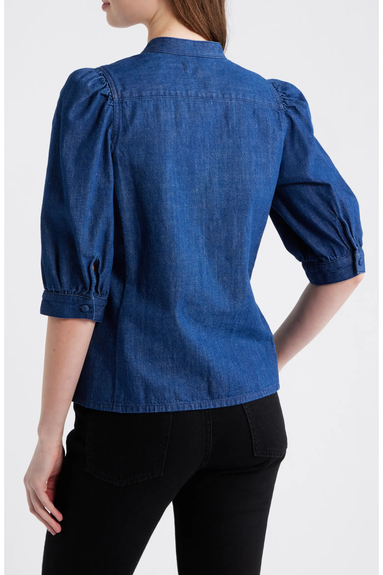 Puff Sleeve Band Collar Denim Shirt (Women) | Nordstrom | Nordstrom