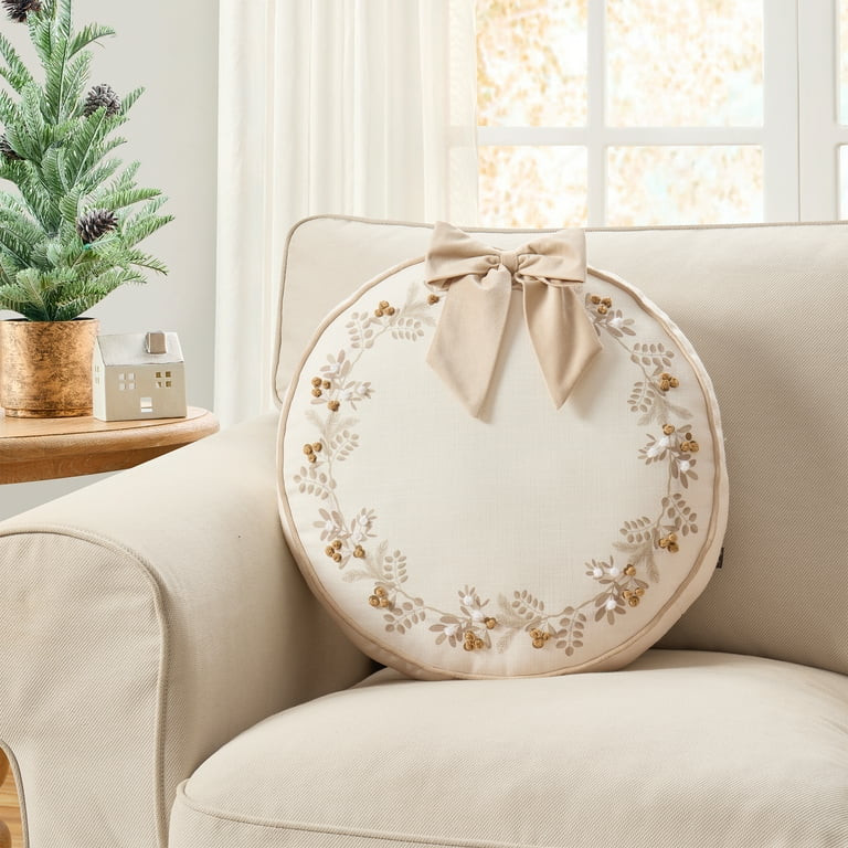 My Texas House 16" x 16" Ivory Christmas Wreath Round Decorative Pillow | Walmart (US)