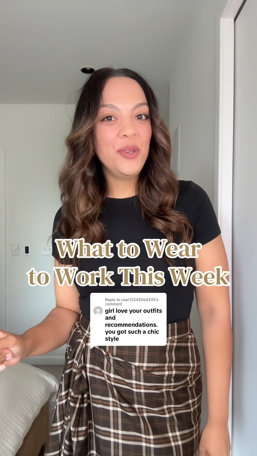 Here is what you can wear to work this week!

Monday:
-Aritzia brown plaid midi skirt, I have a size 10. 
-Old Navy black T-shirt, I have a size large. 
-Brown suede kitten heels, similar linked. 
-Demellier London burgundy suede bag. 

Tuesday:
-Zara burgundy polka dot top, similar linked. 
-Aritzia black high-rise tailored trousers, I have a size 10. 
-Quince black and silver studded belt. 
-Black kitten heels. 
-Aritzia black blazer, I have a size 10. 

Wednesday:
-Aritzia white lace-trimmed midi skirt, I have a size large. 
-Quince black linen top, I have a medium. 
-Ganni leopard print tote bag. 
-Banana Republic black cord gold pendant necklace. 

Thursday:
-Quince butter yellow sleeveless sweater, I have a medium. 
-Aritzia dark brown barrel trousers, I have a size 10. 

Friday:
-Aritzia black silky top, I have a size medium. 
-Aritzia knee-length plaid silk skirt, I have a size medium. 
-Poppy Barley black knee-high leather boots, I have calf width 3. 
-Aritzia black belt.

#LTKworkwear #LTKstyletip #LTKcanada