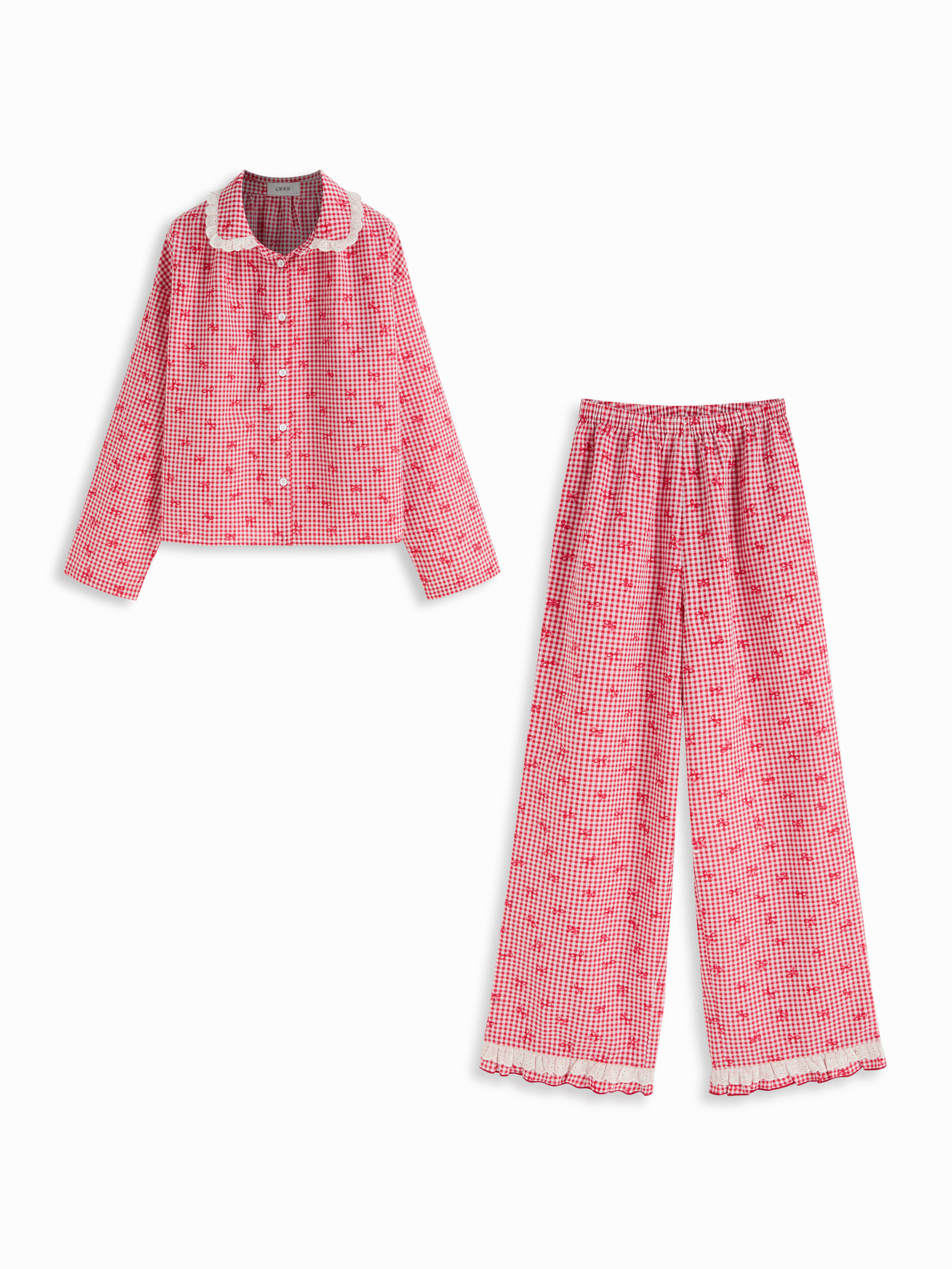 Woven Cotton-blend Gingham Broderie Anglaise Oversized Top & High Rise Lettuce Trim Wide Leg Trou... | Cider