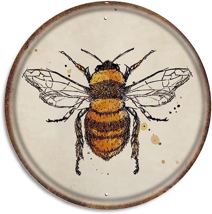 BEE Vintage Style Round Tin Sign Honey Bumblebee Metal Interesting Painting Aluminum Wall Decorat... | Amazon (US)