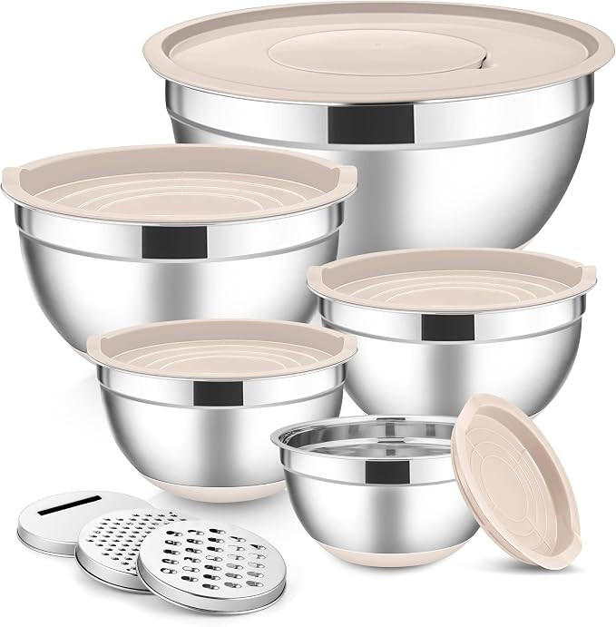 E-far Stainless Steel Mixing Bowls with Lids Set, 5-Piece Nesting Salad Bowls with 3 Grater Attac... | Amazon (US)