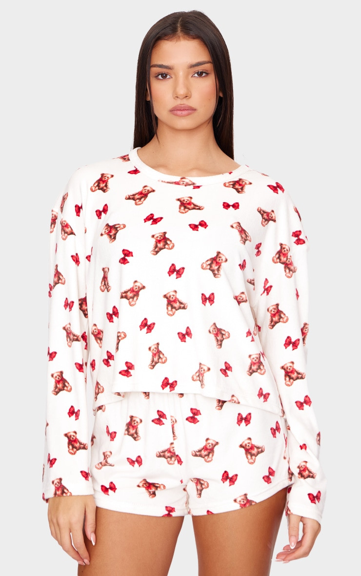 Cream Teddy Print Velour Fleece Short PJ Set | PrettyLittleThing US