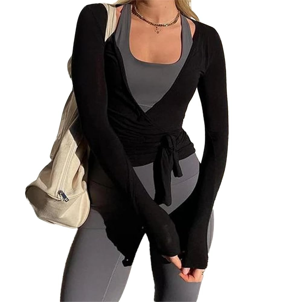 Women Wrap Tie Top Y2k Long SLeeve Ballet Workout Yoga Shirt Coquette Blouses | Amazon (US)
