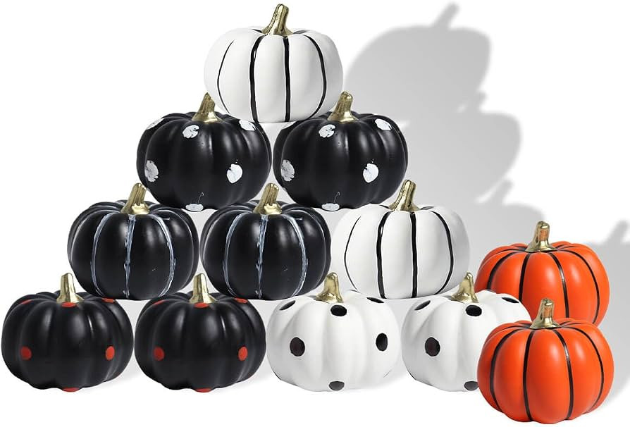 12 Pack Artificial Halloween Pumpkins, White Black Orange Dot Stripe Set | Amazon (US)