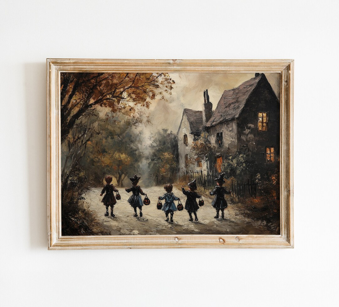 Vintage Halloween Art - Trick-or-treat Kids in Village Scene - Instant Download - Etsy | Etsy (US)