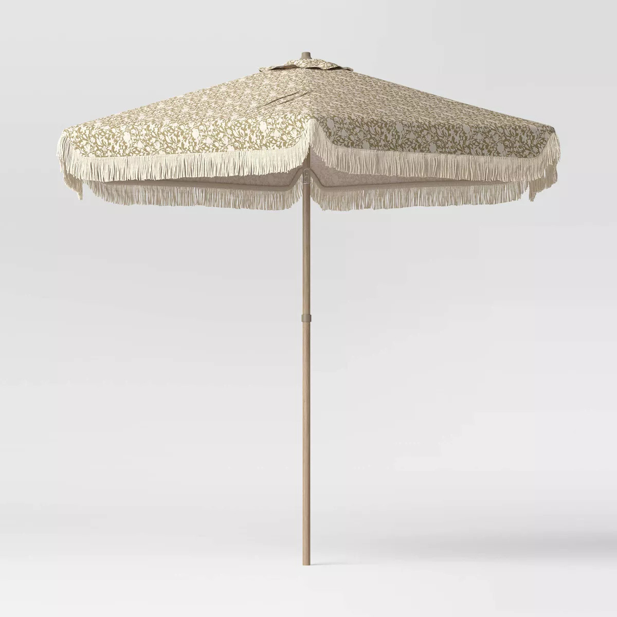 7.5' Floral Fringe Edge Outdoor Round Patio Market Umbrella Sage Green with Faux Wood Pole - Thre... | Target