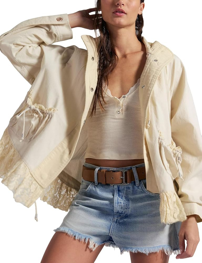 Womens Lace Trim Utility Jacket Lightweight Relaxed Casual Coat with Snap Closure for Summer Spri... | Amazon (US)