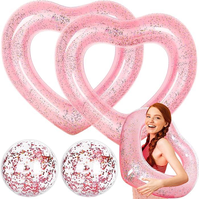 JarThenaAMCS 4Pcs Inflatable Heart Pool Float with Beach Ball Glitter Inside Rose Gold Swim Heart... | Amazon (US)