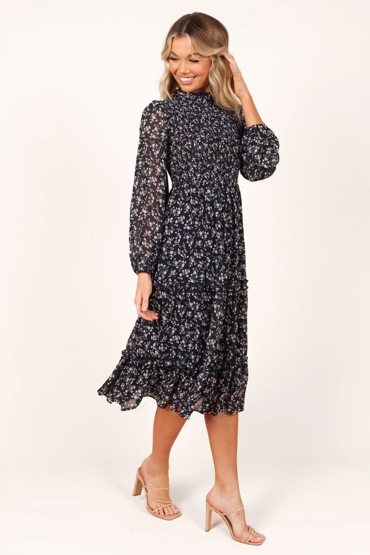 Edwina Shirred Frill Long Sleeve Midi Dress - Navy Floral | Petal & Pup (US)