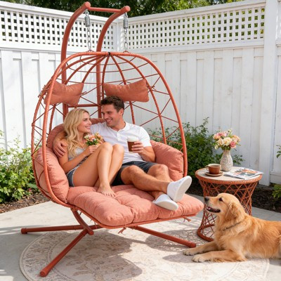 GDFStudio Esteban PE Rattan and Iron Patio Double Hanging Egg Chair with Stand, Adjustable Footrest and Cushions, Orange/Red | Target