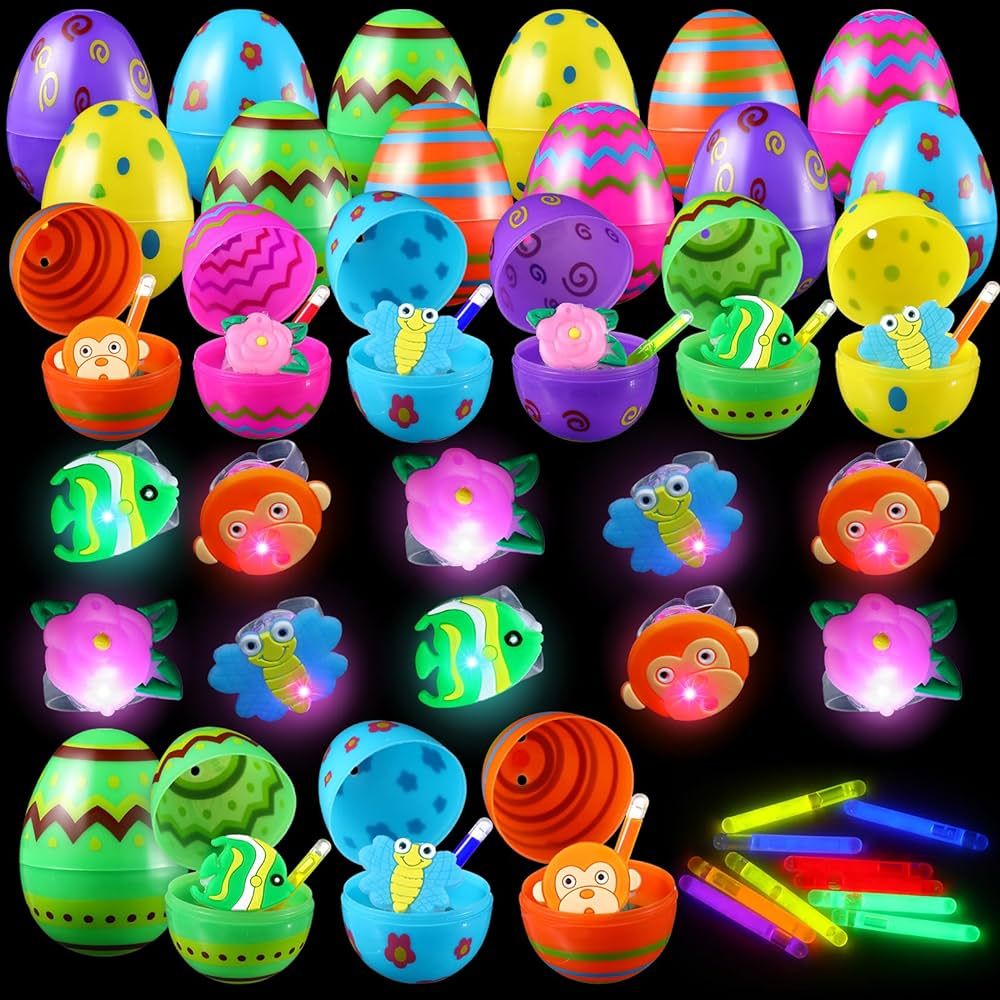 122 Pcs Easter Party Favors for Boys Girls Eggs with Mini Glow Sticks LED Light up Rings Easter E... | Amazon (US)