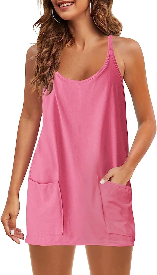 Panadila Womens Summer Sleeveless Mini Dress V Neck Spaghetti Strap Sundress Athletic Short Dress wi | Amazon (US)