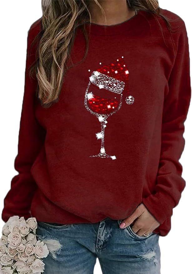 GRASWE Womens Casual Loose Sweatshirt Christmas Red Wine Glass Long Sleeve Shirts Loose Soft Pull... | Amazon (US)