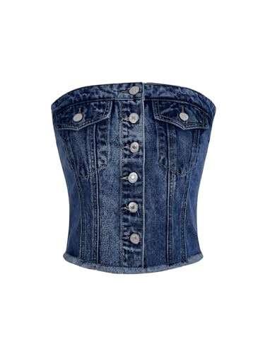 Verdusa Women's Button Front Raw Hem Sleeveless Denim Top Strapless Crop Tube Top Dark Wash Medium | Amazon (US)