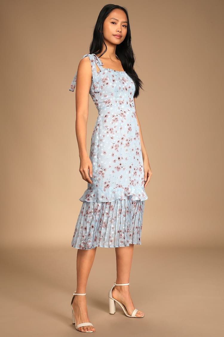 Terrace Views Light Blue Floral Print Tiered Midi Dress- Spring Wedding Guest Dress | Lulus (US)