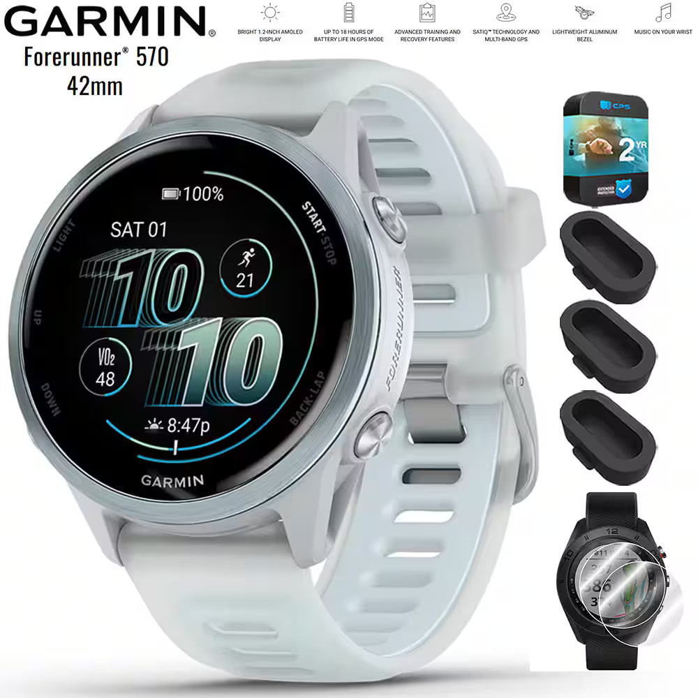 Garmin - Forerunner 570 - 42mm GPS Smartwatch Blue Band + 2 Year Warranty Bundle - Cloud Blue Aluminum - (2025) | Best Buy U.S.