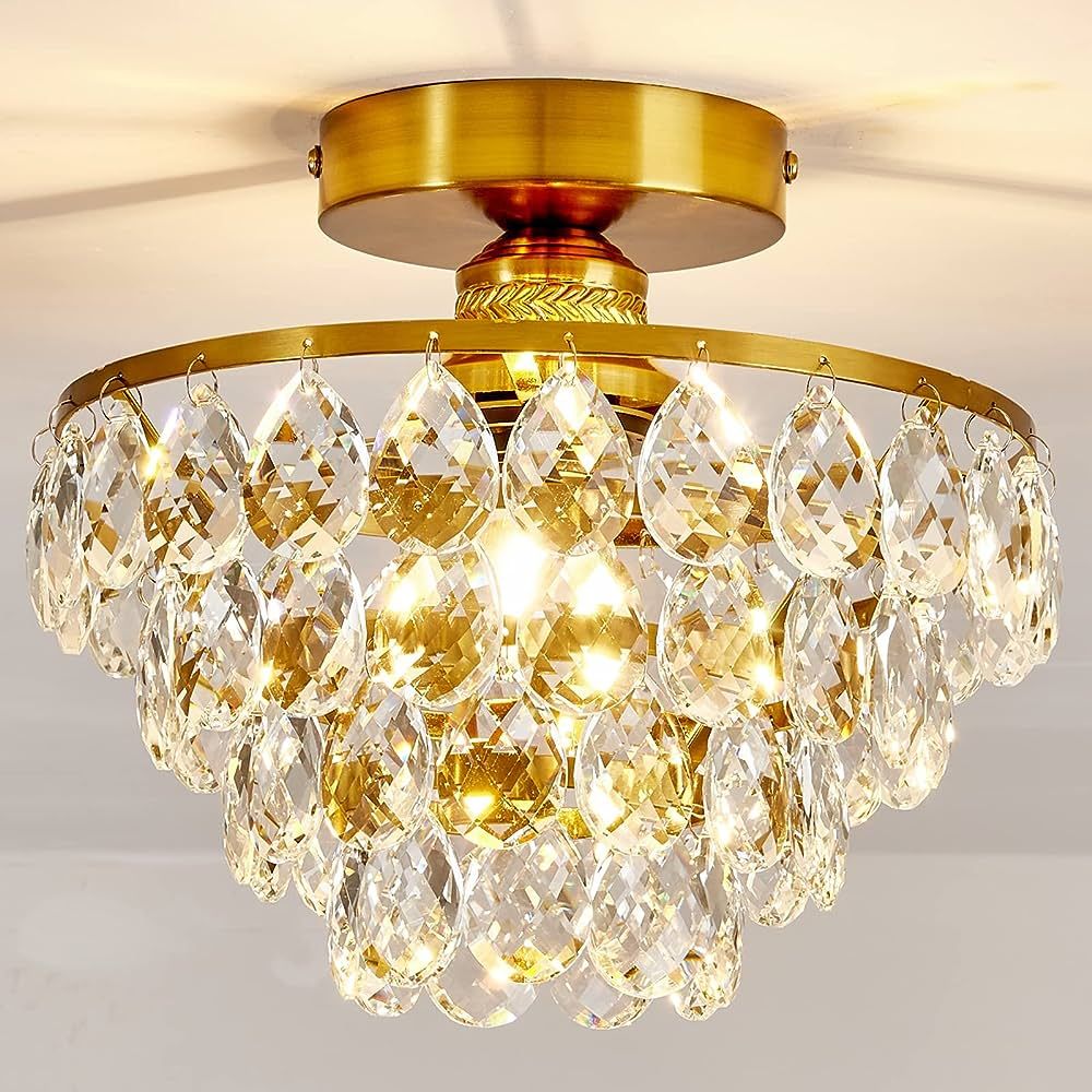 YYJLX Modern E26 Small Crystal Chandelier Semi Flush Mount Ceiling Light Fixture Gold Ceiling Lam... | Amazon (US)