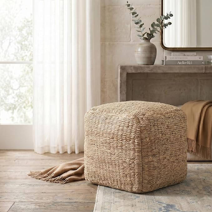 Farmhouse Solid Brown Square Indoor Pouf Ottoman for Home Decor | Hand-Made Farmhouse Foot Rest f... | Amazon (US)