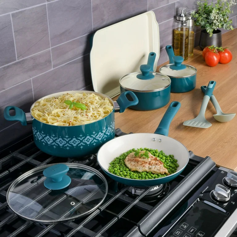 Spice by Tia Mowry - Tia's Healthy Nonstick Ceramic 10-Piece Teal Aluminum Cookware Set | Walmart (US)