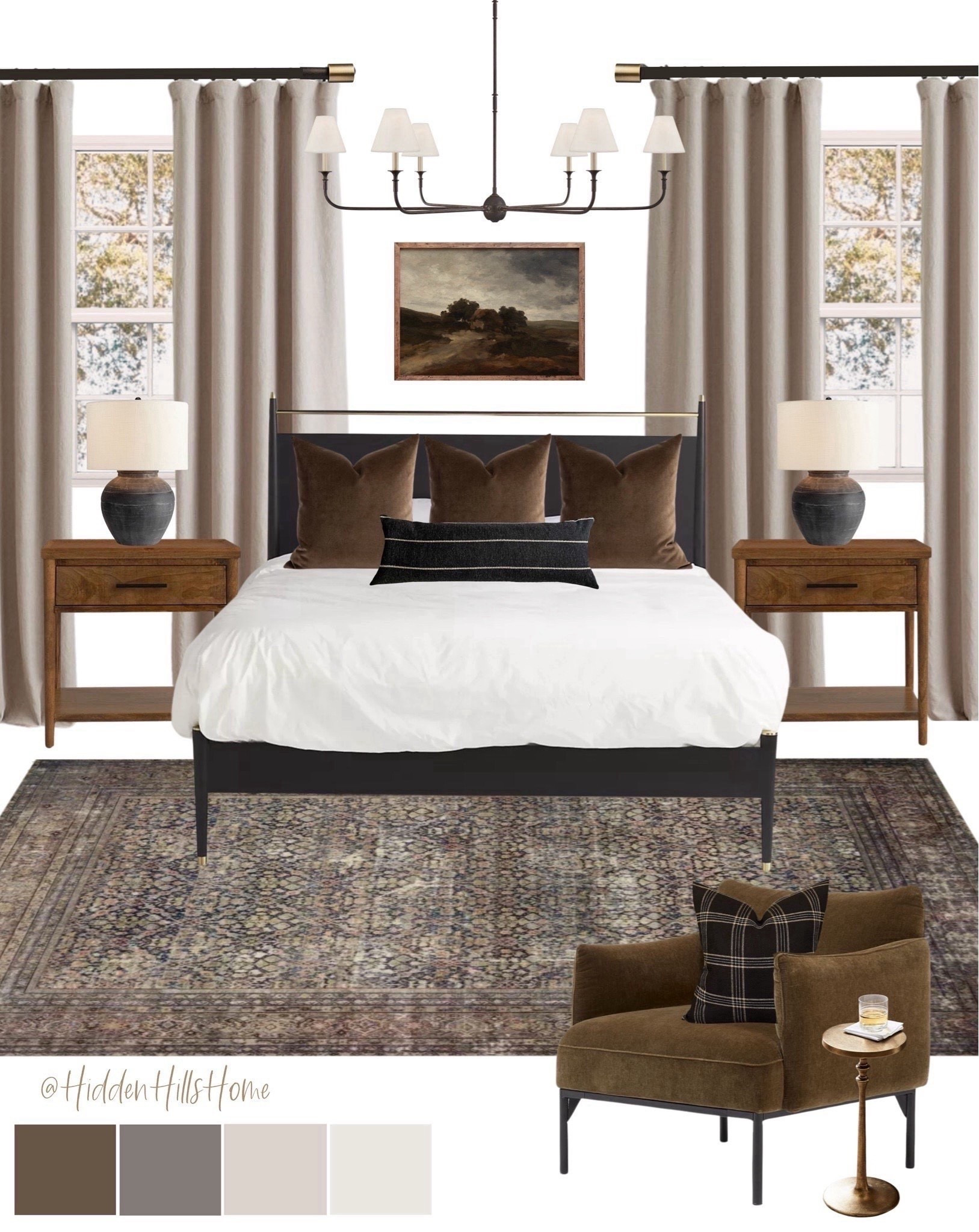 Moody bedroom decor, primary bedroom design, bedroom mood board, bedroom design inspo, bed, bedroom rug #moodboad