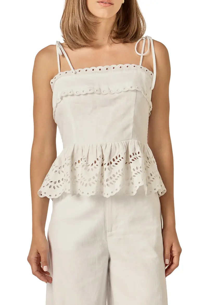 Eyelet Tie Shoulder Linen Peplum Top (Women) | Nordstrom | Nordstrom