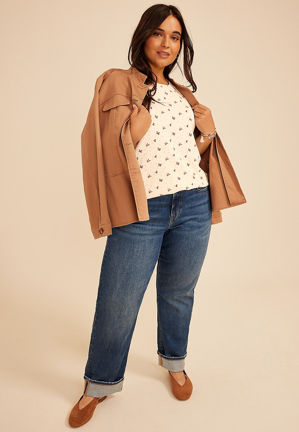 Plus Size 24/7 Floral Ribbed Elbow Sleeve Tee | Maurices
