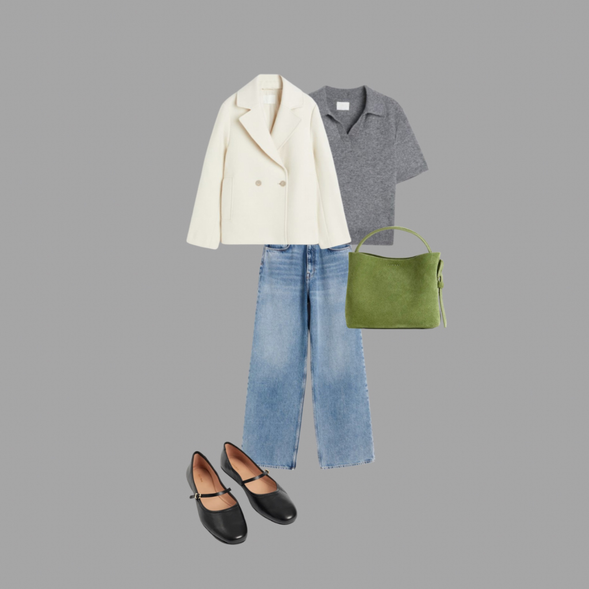 Short cream wool jacket from H&M with wide jeans, a green suede bag and Mary Janes