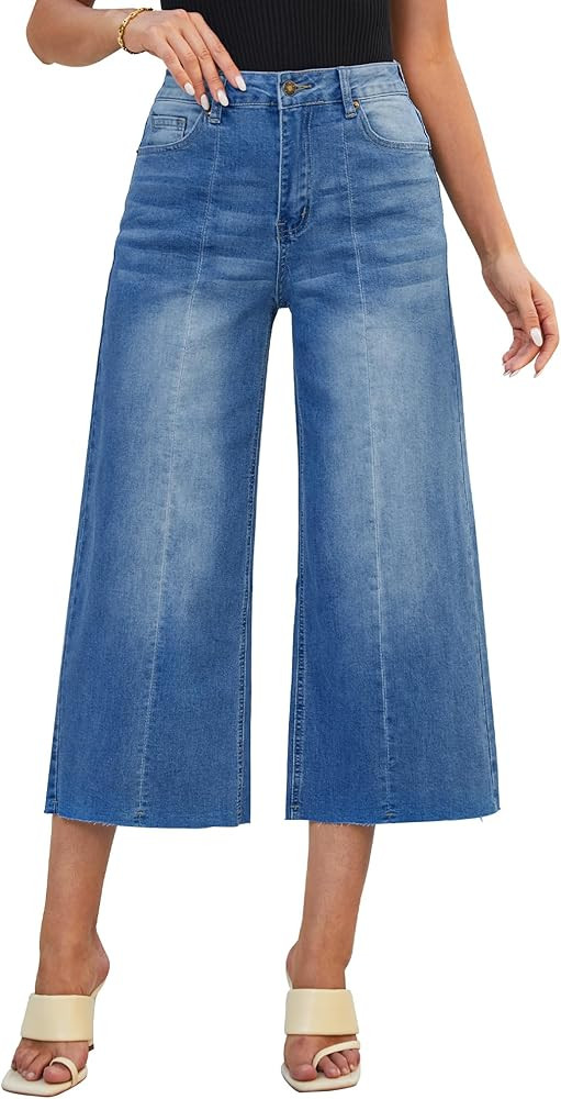luvamia Wide Leg Capris Jeans for Women Trendy High Waisted Jean Capris Raw Hem Stretchy Denim Ca... | Amazon (US)