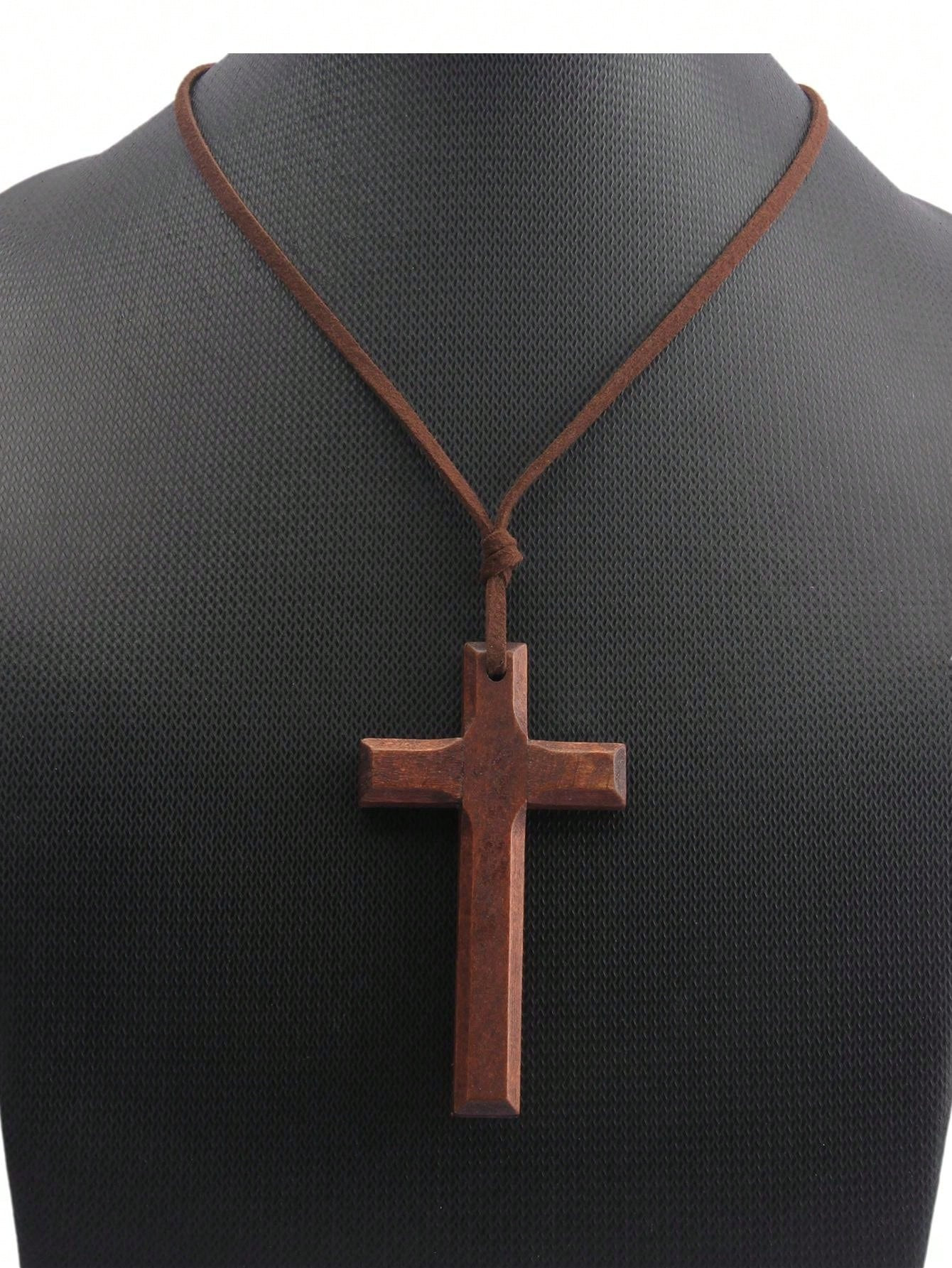 1pc Fashionable Vintage Wooden Cross Long Necklace For Men And Women, Daily/Party Wear, Easter Accessory | SHEIN