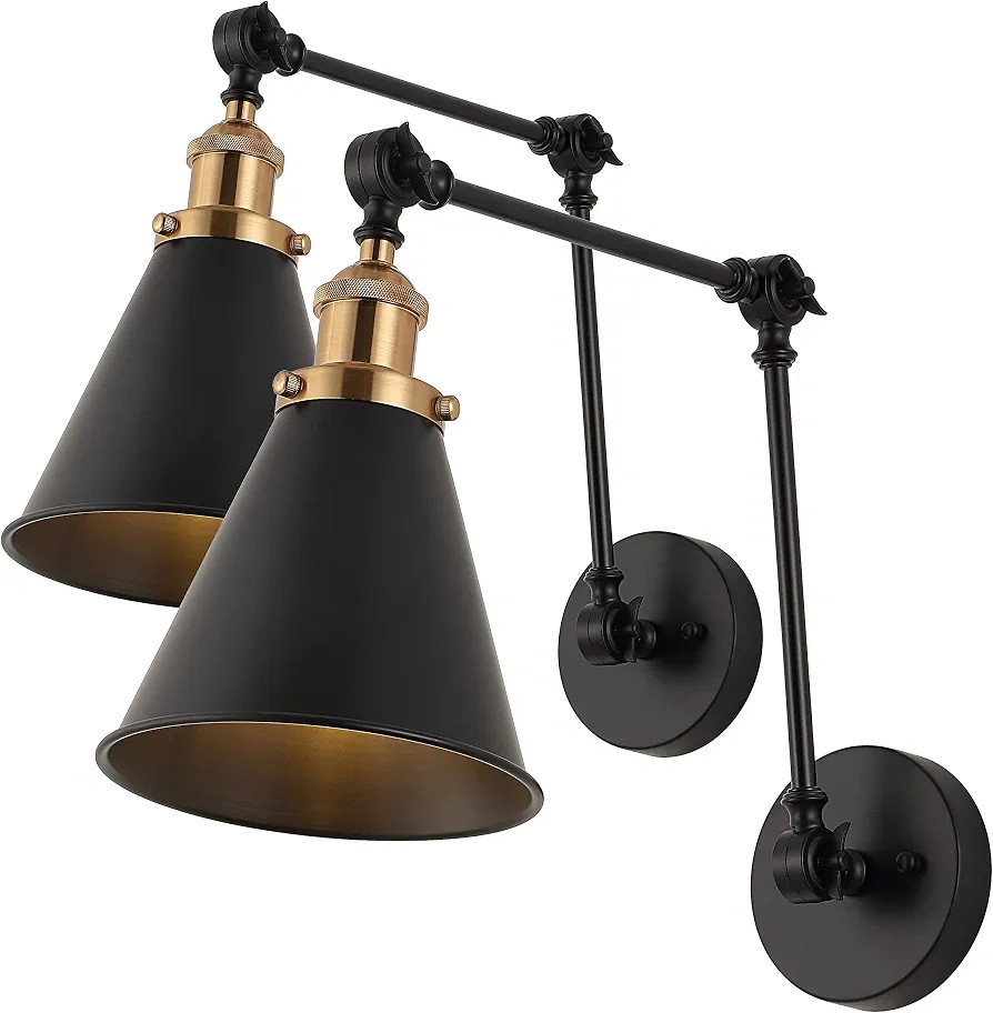 JONATHAN Y 7" Black/Brass Gold Classic Industrial Metal Adjustable Arm LED Wall Sconce for Bedsid... | Amazon (US)
