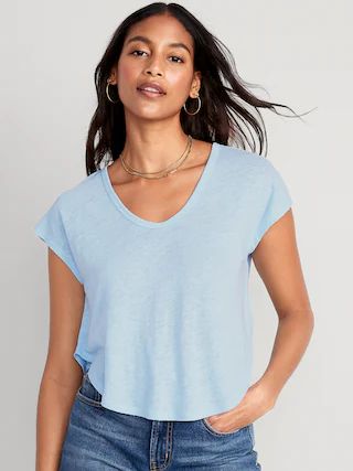 Linen-Blend Cropped Voop-Neck T-Shirt for Women | Old Navy (US)