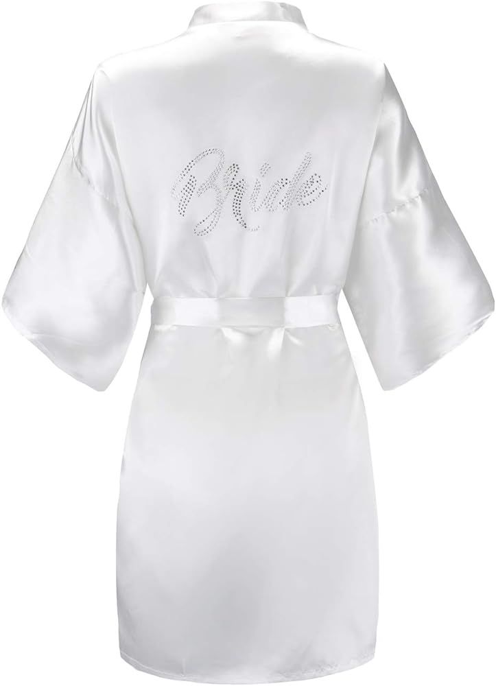 EPLAZA Women's One Size Silver Rhinestones Bride Bridesmaid Short Satin Robes for Wedding Party Gett | Amazon (US)