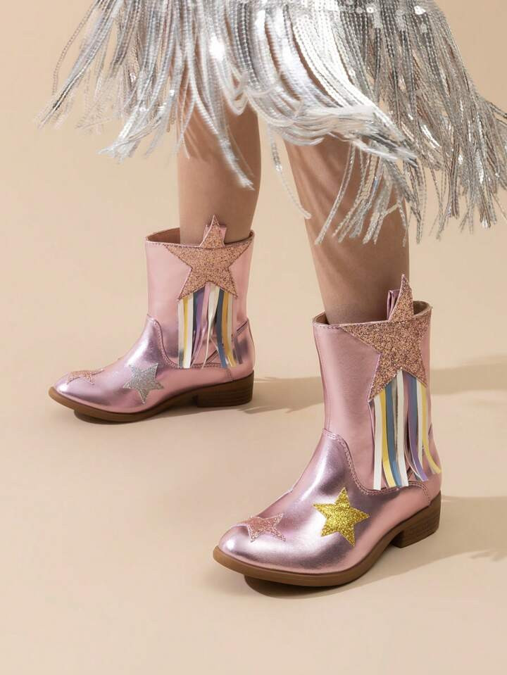 Girls Cowgirl Cowboy Western Mid Calf Tassel Boots Star-Shape-Decoration Cowgirl Boots For Stylis... | SHEIN