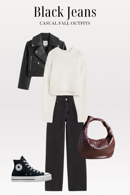 Black jeans casual Fall outfit idea, platform converse, leather jacket, burgundy bag 