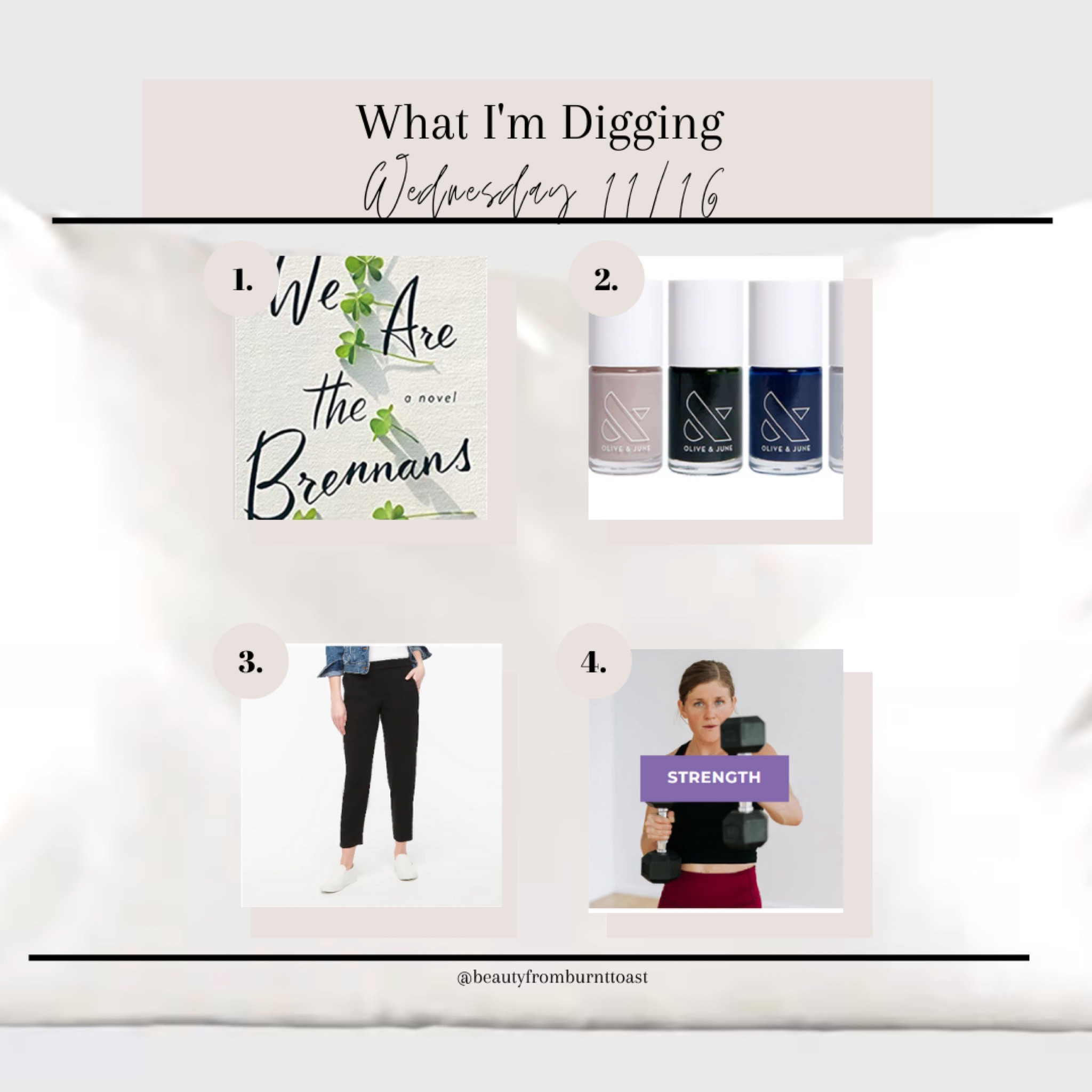The Wednesday list—four things I’m digging right now. Just some good clean, middle of the week fun.
This week we’ve got the perfect holiday break novel, the winter polish set for pretty fingers, elastic waist pants, and some great strength workouts! 
Check it out! 

#LTKGiftGuide #LTKunder50 #LTKfit