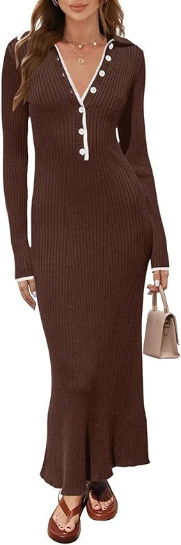 MEROKEETY Women's Long Sleeve V Neck Sweater Dress Button Ribbed Knit Slim Fit Elegant Maxi Dress... | Amazon (US)