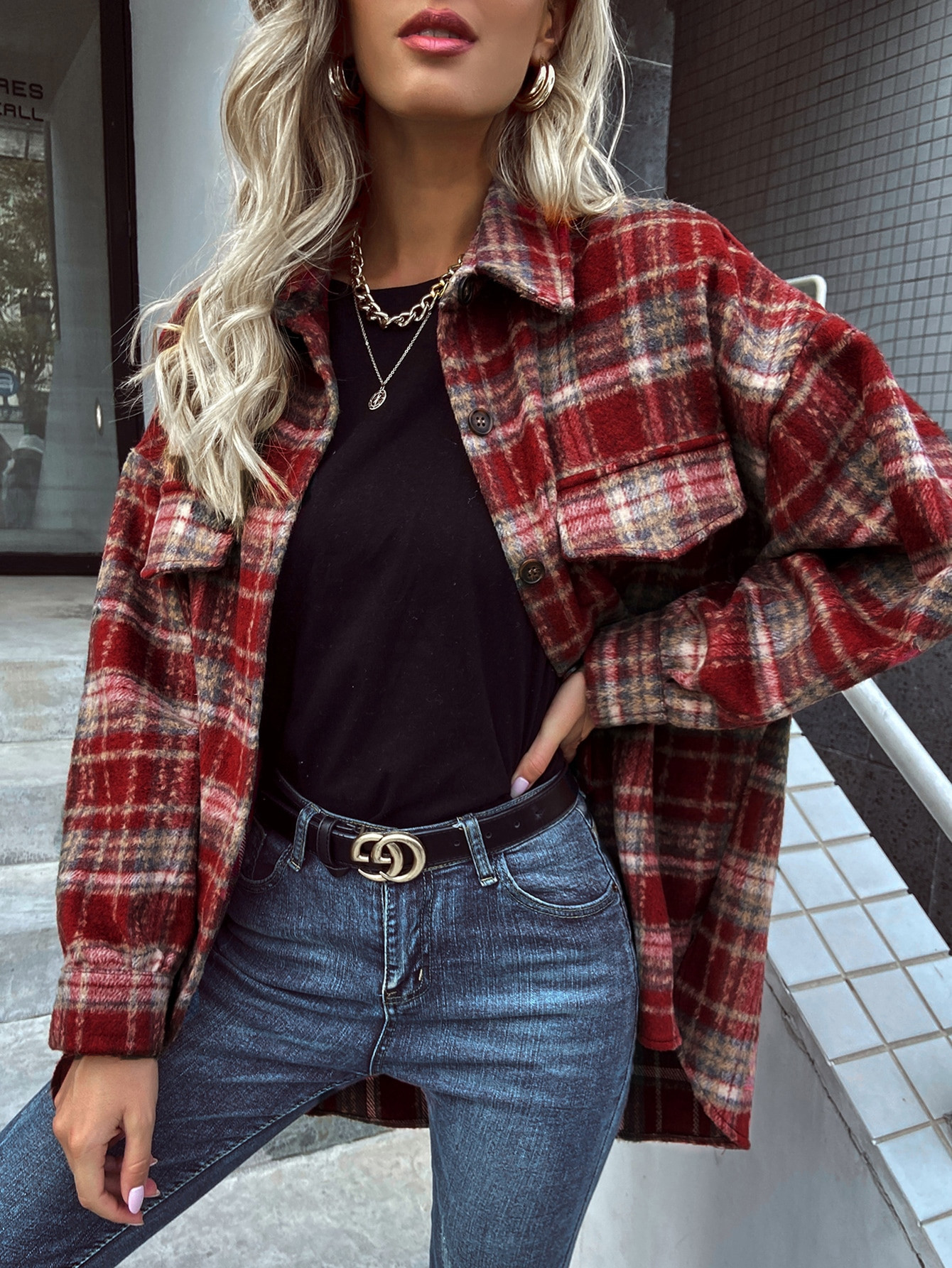 Tartan Drop Shoulder Flap Detail Overshirt | SHEIN