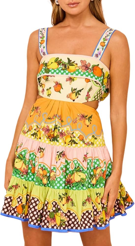 Women Y2k Graphic Spaghetti Strap Mini Dress Ruffle Tiered Short Cami Dress Flowy Summer Vacation... | Amazon (US)