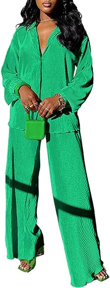 Amazon.com: kaimimei Women's 2 Piece Outfits Pleated Wide Leg Pants Casual Long Sleeve Button Dow... | Amazon (US)
