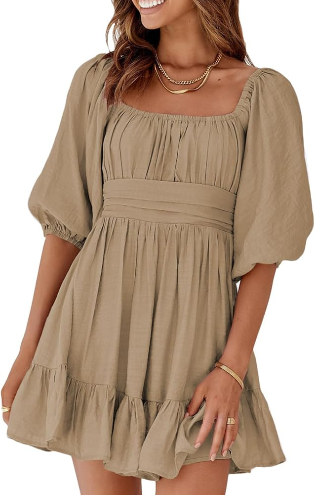 Dokotoo Womens Summer Dresses Square Neck Tie Back Lantern Sleeve Ruffle A-Line Casual Dress | Amazon (US)
