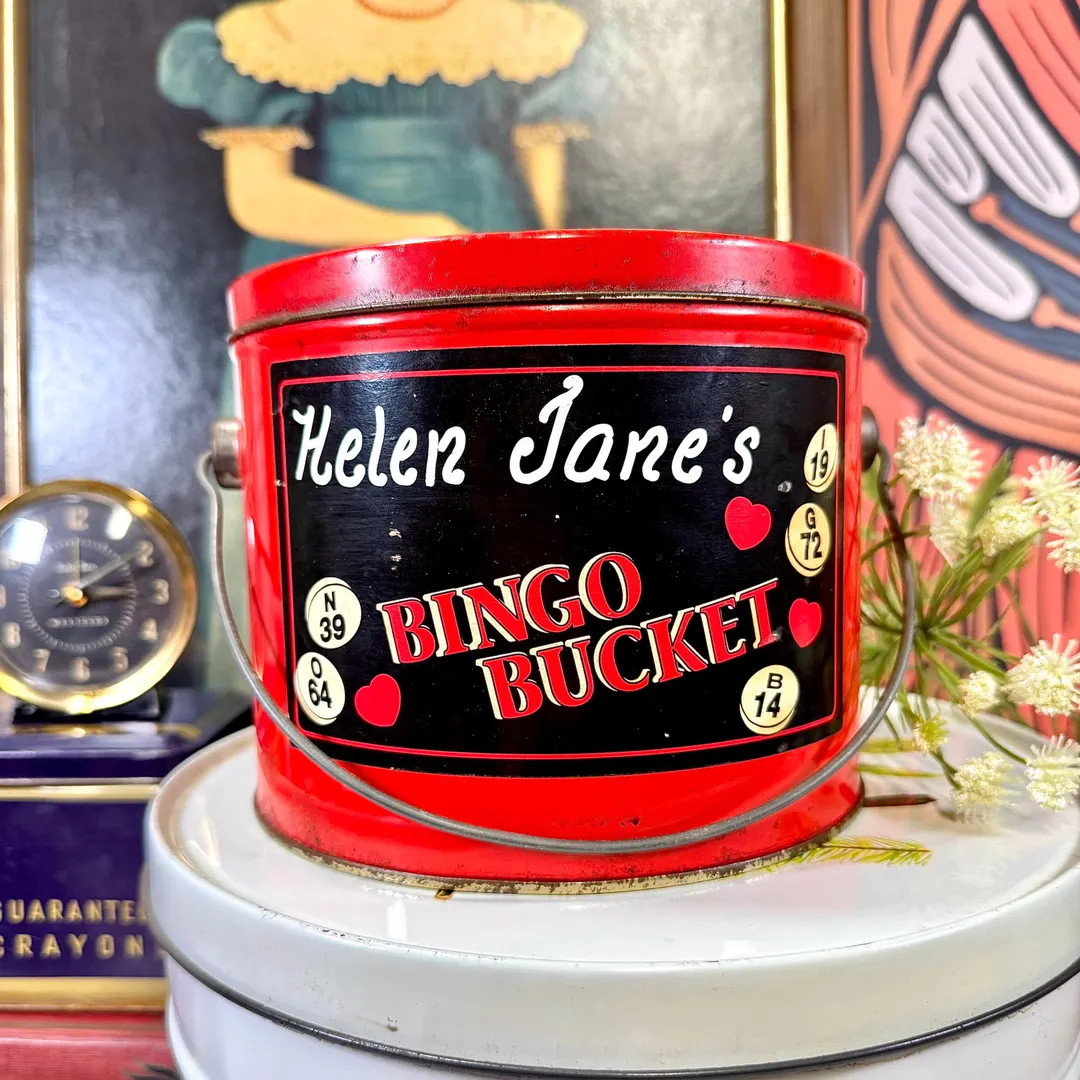 Vintage Helen Janes Bingo Bucket Handled Red Metal Pail Rustic Flea Market Valentines Day Shelf D... | Etsy (US)