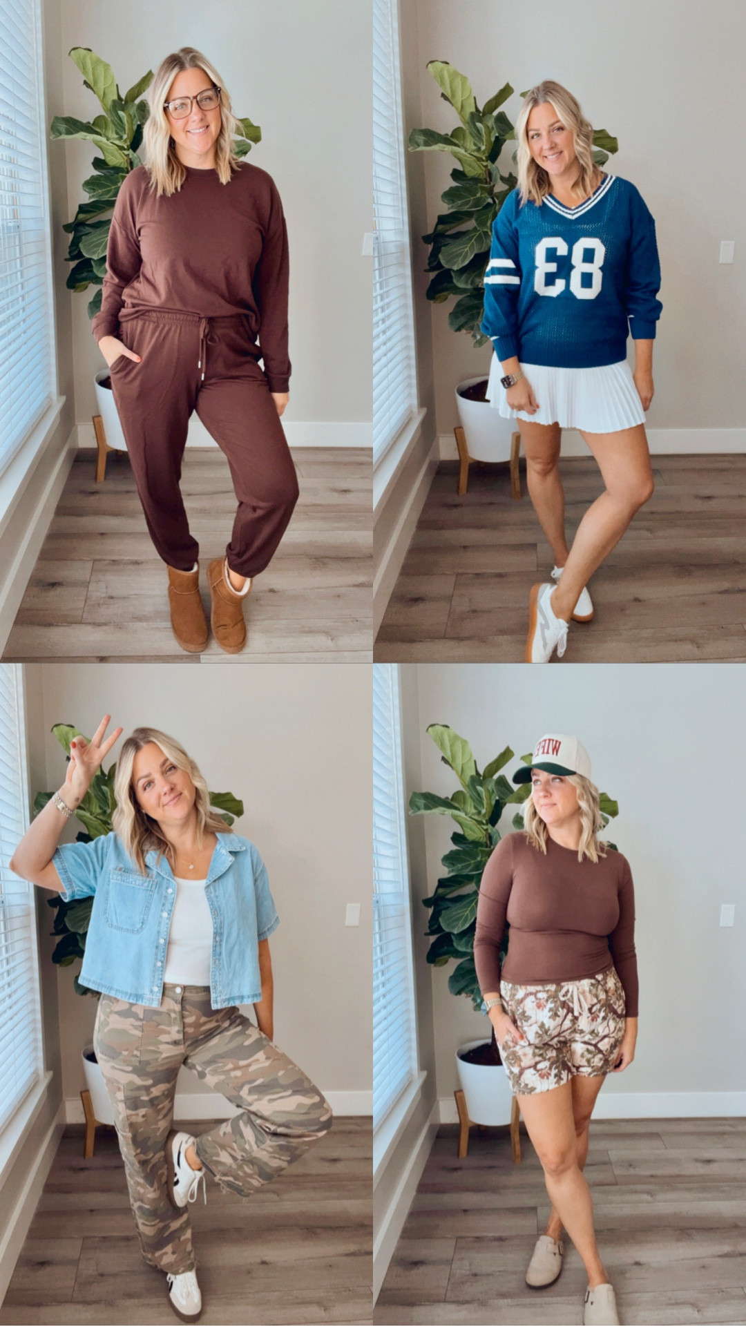 Fall fashion is officially here and I’ve got you covered with 4 easy outfits you can recreate right now:

1️⃣ Cozy vibes – Matching lounge set + shearling boots. Perfect for coffee runs & chill days.
2️⃣ Sporty chic – Pleated tennis dress + varsity sweater + sneakers. Cute game day or weekend outfit.
3️⃣ Casual cool – Graphic hat + long sleeve tee + camo shorts + slip-ons. Effortless everyday style.
4️⃣ Edgy classic – Cargo camo pants + cropped denim shirt + sneakers. The ultimate casual streetwear look.

👉 Which one is your fave: 1, 2, 3 or 4?

🍁 These outfits prove you don’t have to sacrifice comfort for style this fall. Affordable, trendy, and easy to mix + match for your everyday closet.

#FallOutfits #FallFashionInspo #MidsizeStyle #Over40Style #AffordableFashion #EverydayOutfits #OOTDFall #FallWardrobe #ChicAndComfy

#LTKStyleTip #LTKMidsize #LTKFindsUnder50