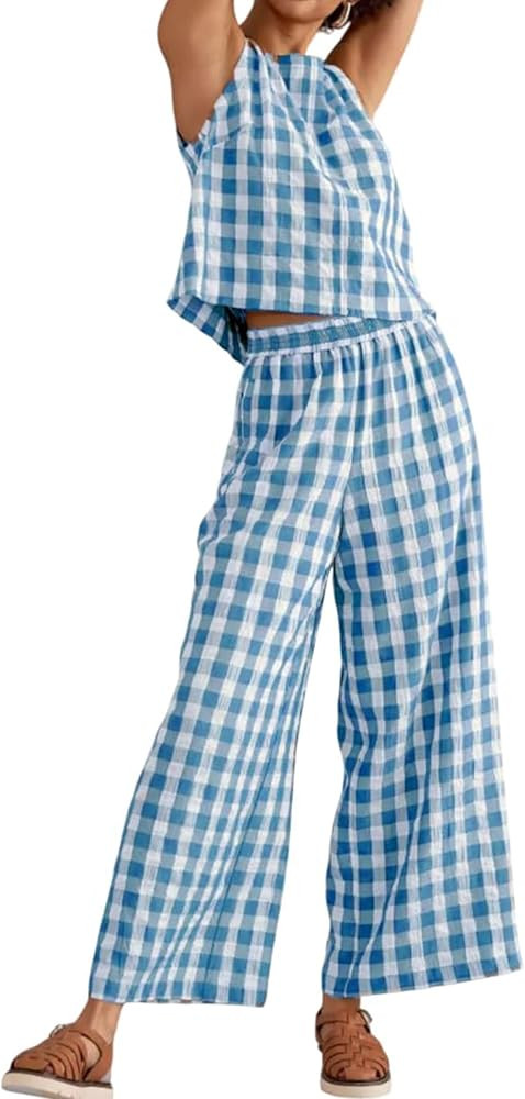 Womens 2 Piece Outfits Gingham Set Summer Cotton Plaid Pajamas Y2k Sleeveless Top Summer Wide Leg... | Amazon (US)