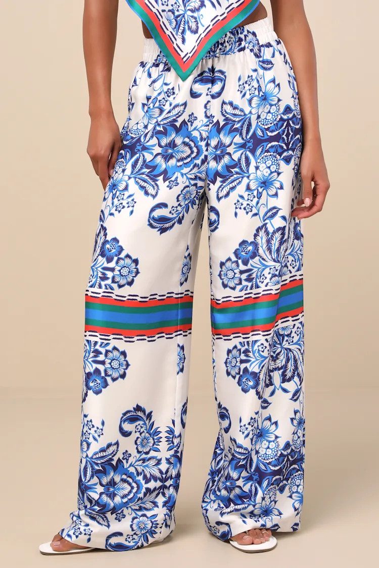 Tulla White and Blue Floral Satin Wide-Leg Pants | Lulus