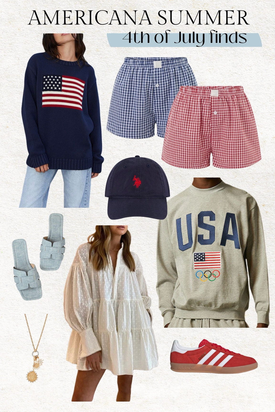 Americana summer 🇺🇸 4th of July finds - just ordered this American flag sweater, this brand of sweater is so soft and great quality and under $50!  Had to get these gingham boxer shorts in multiple colors - they’re under $20! This white dress is a designer look for less and I’ll be wearing it on repeat this summer ✨ 

Patriotic outfit, Fourth of July outfit, 4th of July outfit, summer outfit, American flag sweater, gingham boxers, USA sweatshirt, white dress, polo hat, navy baseball hat, adidas gazelle restock, red adidas gazelle, John galt sweater, travel outfit, Christine Andrew 

#LTKFindsUnder50 #LTKShoeCrush #LTKStyleTip