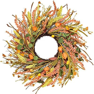 Artiflr 22 Inch Fall Wreath Decoration - Autumn Door Wreath Harvest Wreath with Artificial Wheat ... | Amazon (US)