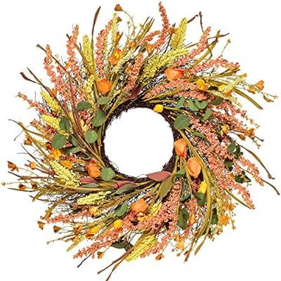 Artiflr 22 Inch Fall Wreath Decoration - Autumn Door Wreath Harvest Wreath with Artificial Wheat ... | Amazon (US)